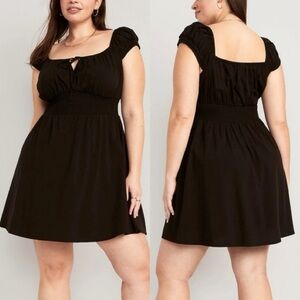 Old Navy Black Waist Defined Milkmaid Mini Dress Cottagecore Puff Sleeve Y2K Mod